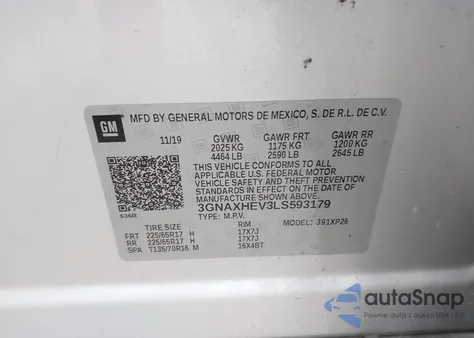 2020 Chevrolet Equinox Fwd Ls из США, поврежденный, VIN 3GNAXHEV3LS593179